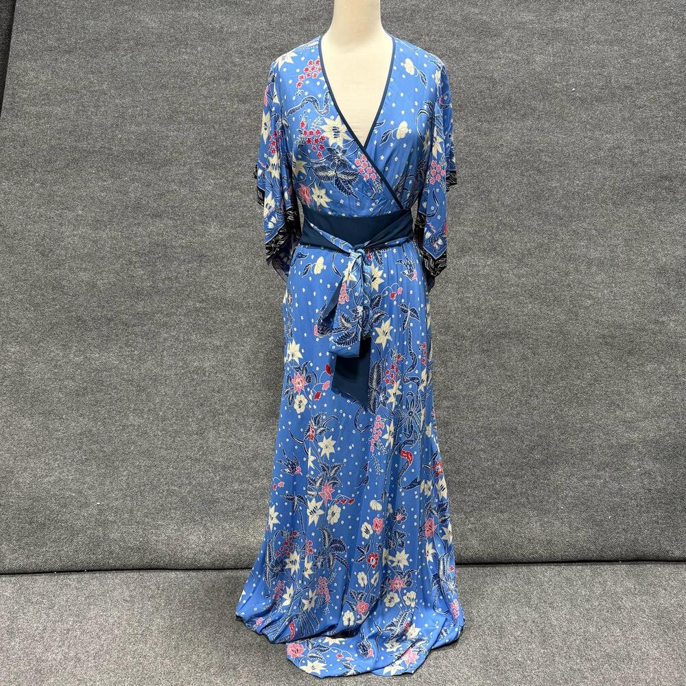 Diane Von Furstenberg Dress Womens M Blue Floral Wrap Kimono Maxi Belted Gown